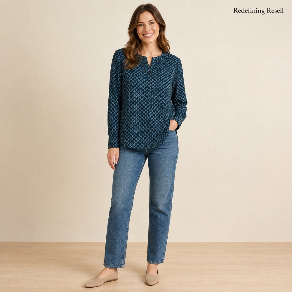 J.Crew Womens Navy Blue Geometric Medallion Split Neck Blouse Size S Long Sleeve